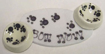 Dollhouse Miniature 2-Dog Bowls & Mat